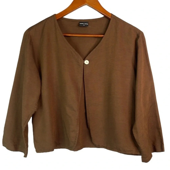 LAUREN VIDAL Linen Blend Overshirt Brown One Button Long Sleeve Collarless Small - Picture 11 of 11